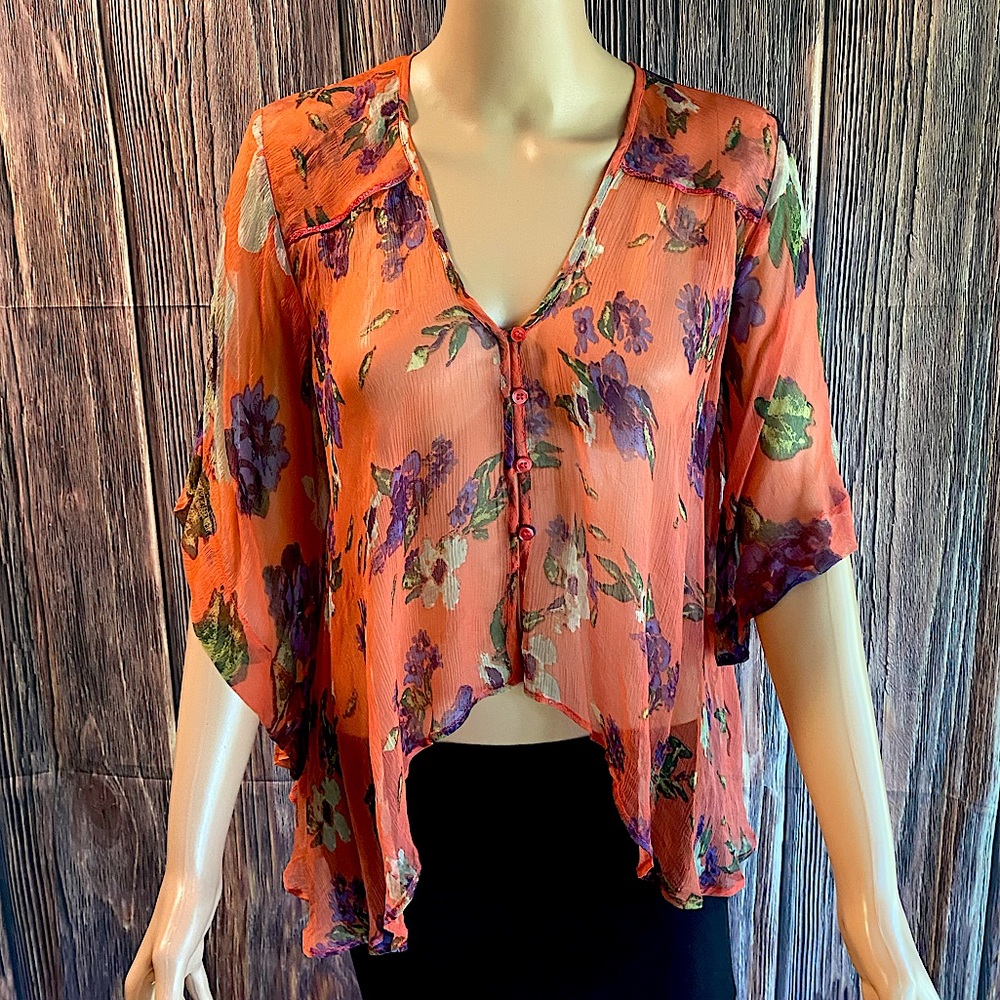 Free People pink floral flowy summer sheer button down top blouse size Xs
